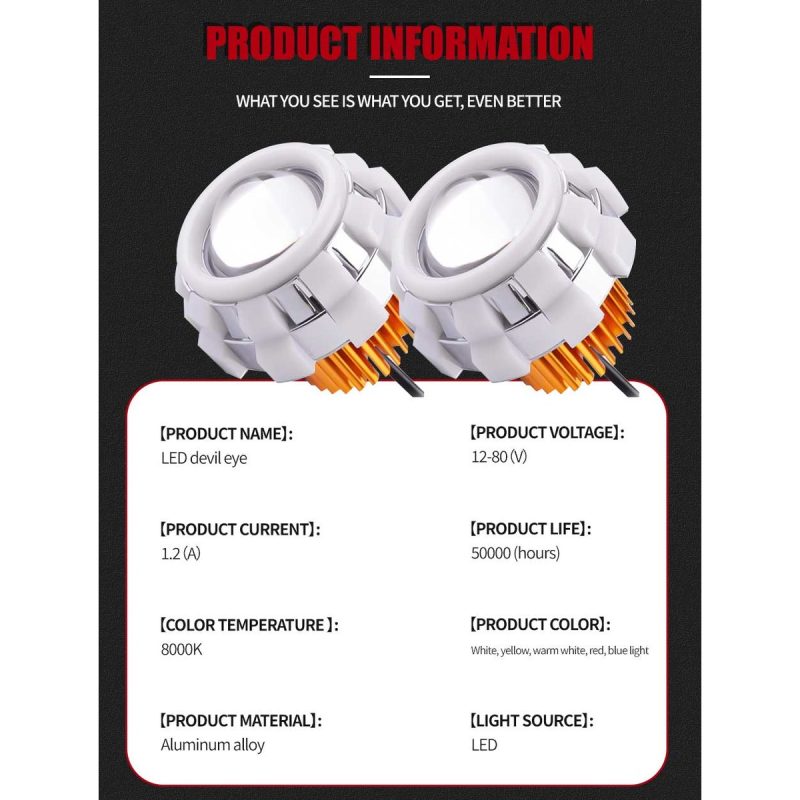 Double Angel Eye Led Devil Eye Projector Product Information Source product information graphic showing 12-80V, 1.2A, 8000K, aluminum alloy, LED light source, and color references.