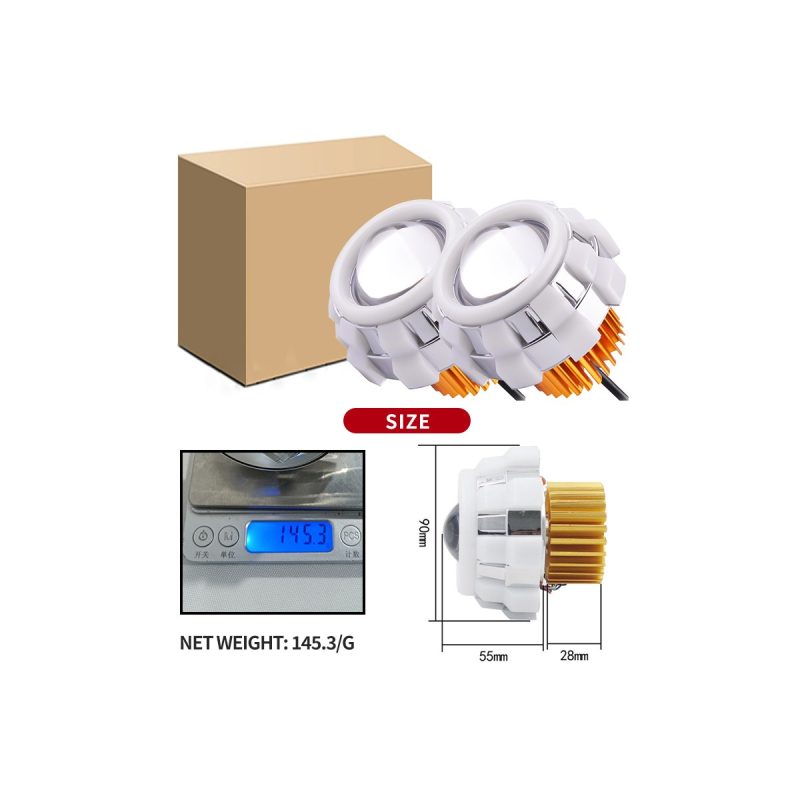Double Angel Eye Led Devil Eye Projector Size Weight Reference Source size graphic showing 90mm height, 55mm and 28mm depth references, and 145.3g net weight reference.