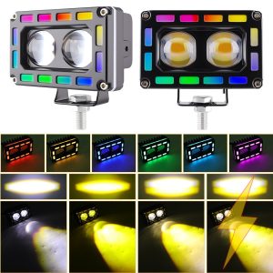 Dual Bead Rgb Demon Eye Led Work Light Color Beam Reference Source image showing iridescent accent colors, white/yellow beam references, and lighting output examples.