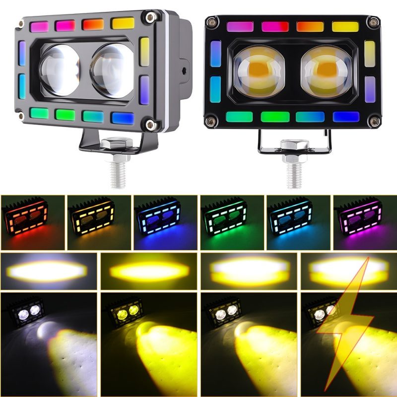 Dual Bead Rgb Demon Eye Led Work Light Color Beam Reference Source image showing iridescent accent colors, white/yellow beam references, and lighting output examples.