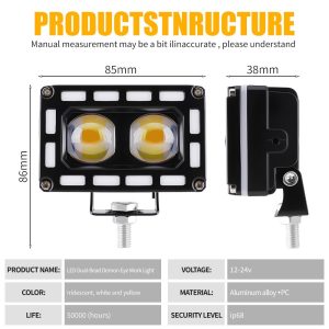 Dual Bead Rgb Demon Eye Led Work Light Specifications Dimensions Source specification graphic showing 12-24V, iridescent/white/yellow color reference, aluminum alloy + PC material, IP68 wording, 50,000-hour life ref