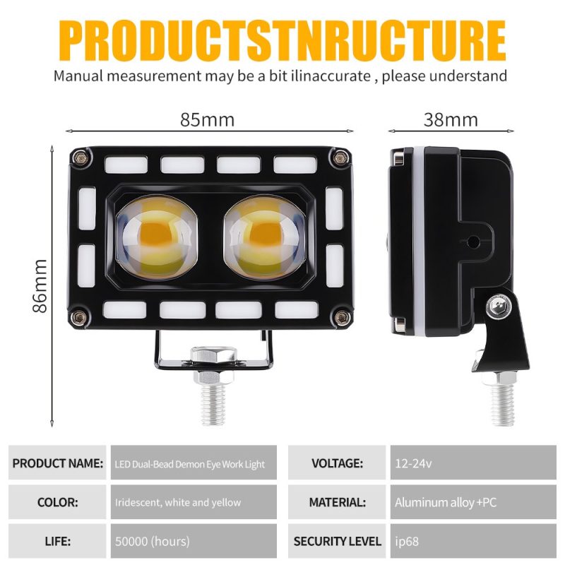 Dual Bead Rgb Demon Eye Led Work Light Specifications Dimensions Source specification graphic showing 12-24V, iridescent/white/yellow color reference, aluminum alloy + PC material, IP68 wording, 50,000-hour life ref