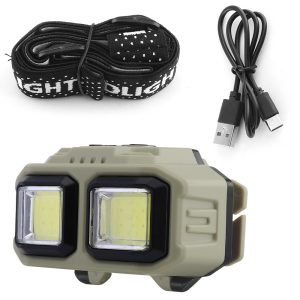 Dual Cob Led Head Mounted Work Light Accessories Product view showing the lamp body, elastic strap, and USB Type-C cable reference.