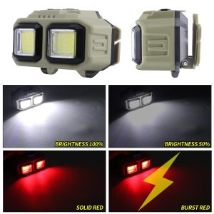 Dual Cob Led Head Mounted Work Light Lighting Modes Source lighting-mode graphic showing white light, solid red, and burst red references.