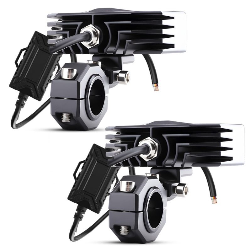 Dual Head Led Spotlight Work Light Rear Side Rear side source image showing the heat-sink housing, wiring, controller box, and clamp structure.