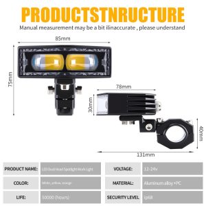 Dual Head Led Spotlight Work Light Specifications Dimensions Source specification graphic showing 12-24V, aluminum alloy + PC, IP68 wording, color references, and dimensions.