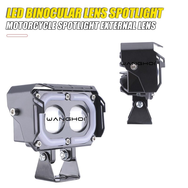 Dual Lens Binocular Led Motorcycle Spotlight Angled Side View Angled and side product reference showing the compact housing and bracket.