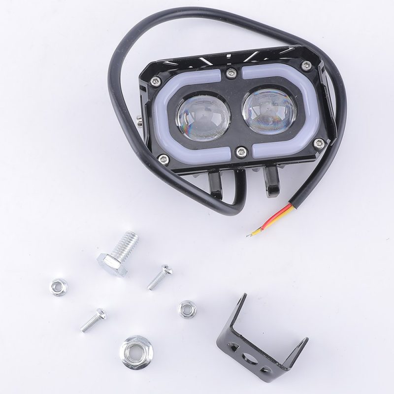 Dual Lens Binocular Led Motorcycle Spotlight Mounting Hardware Source image showing the spotlight, bracket, screws, and wiring reference.
