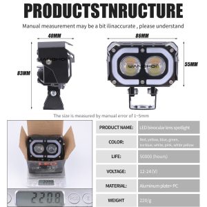Dual Lens Binocular Led Motorcycle Spotlight Specifications Dimensions Source specification graphic showing 12-24V, aluminum plate + PC, 50,000-hour life reference, color references, 86mm, 55mm, 40mm, 83mm, and 220g refer