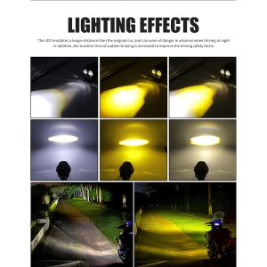 Lighting-effect reference showing white/yellow beam and road-lighting examples from the supplied image.