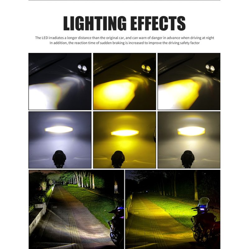 Lighting-effect reference showing white/yellow beam and road-lighting examples from the supplied image.