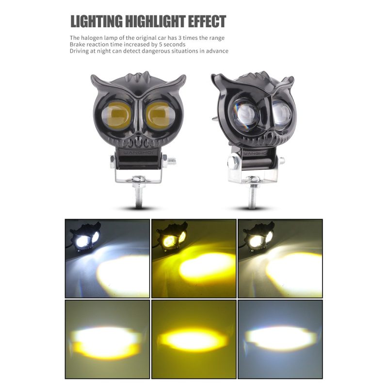 Dual Lens Owl Two Color Led Motorcycle Spotlight Lighting Effects Lighting-effect reference showing white, yellow, and mixed output examples from the supplied image.