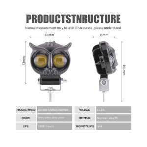 Dual Lens Owl Two Color Led Motorcycle Spotlight Structure Specs Source structure graphic showing 12-24V, IP68, 67mm width, 73mm height, 38mm depth, and 101mm side-height references.