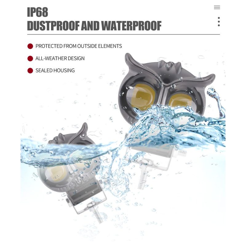 Dual Lens Owl Two Color Led Motorcycle Spotlight Waterproof Reference Waterproof source graphic with IP68 wording; confirm test basis before quotation.