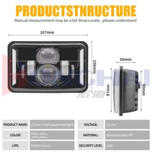 Dual Projector Straight Bar 7 Inch Square Led Headlight Specifications Dimensions Source specification image showing 167mm width, 108mm front height, 56mm side depth, 12-24V, aluminum alloy + PC, IP68 wording, and 50,000-hour life r