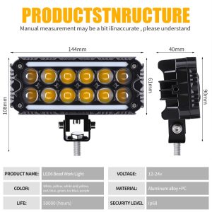 Dual Row Color Mode Led Work Light Structure Specs Source structure image showing 12-24V voltage, aluminum alloy + PC material, color references, and IP68 source wording.