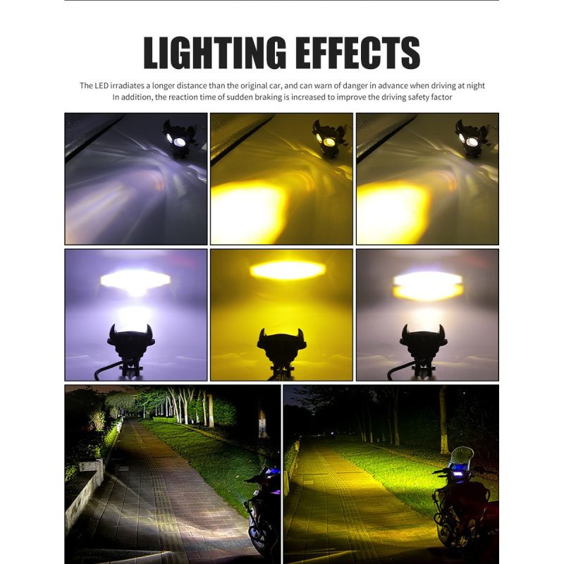 External Bull Head Led Motorcycle Work Light Lighting Effects Lighting-effect reference showing white, yellow, and mixed output examples from the supplied image.