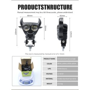 External Bull Head Led Motorcycle Work Light Structure Specs Source structure graphic showing 12-60V, IP67, 80mm width, 100mm height, 42mm depth, 125mm side height, and 213.5g references.