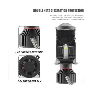 External Driver Bifocal Lens Led Headlight Bulb Cooling Structure Cooling structure graphic showing heat dissipation fins and 7-blade fan reference from the supplied source image.