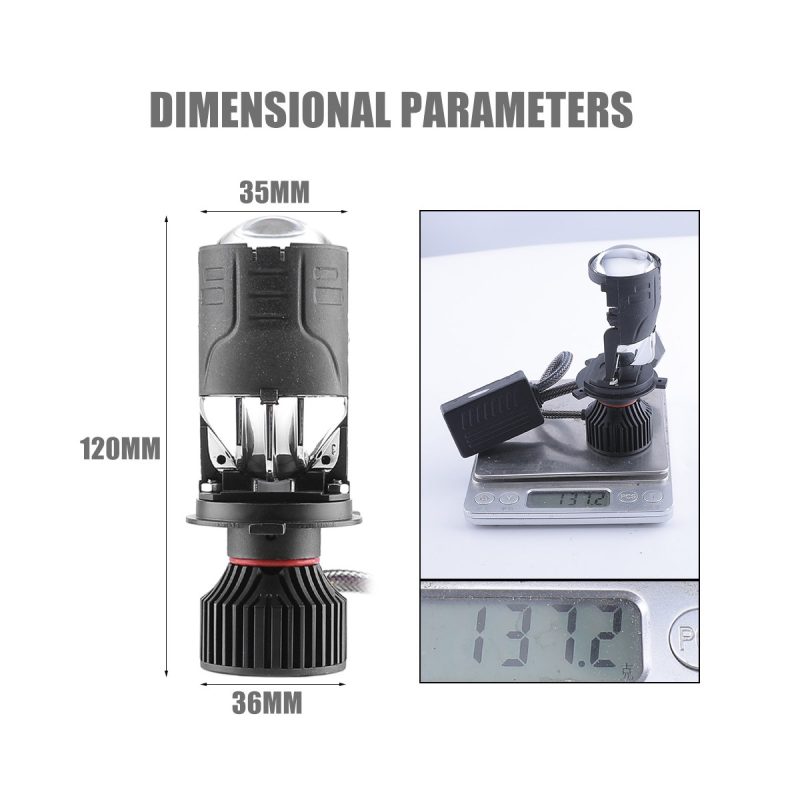 External Driver Bifocal Lens Led Headlight Bulb Dimensions Source dimension graphic showing 35mm top width, 36mm lower width, 120mm height, and 137.2g weight reference.