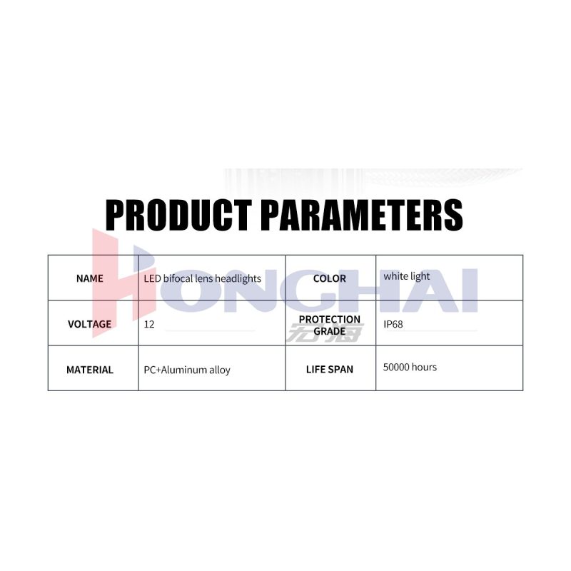 External Driver Bifocal Lens Led Headlight Bulb Parameters Source parameter graphic listing LED bifocal lens headlight name, 12V voltage reference, white light color, IP68 reference, PC + aluminum alloy materi