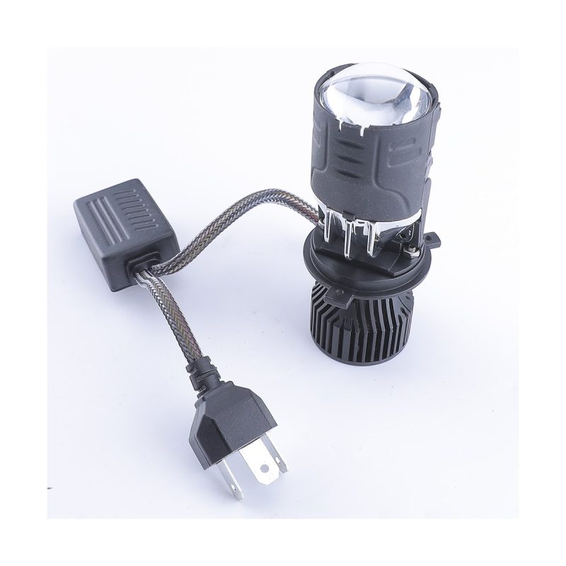 External Driver Bifocal Lens Led Headlight Bulb Upright View Upright product view showing the projector lens front, heat sink, braided cable, connector, and external driver.