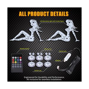 Female Figure Rgb Led Car Window Decorative Light Product Details Source detail graphic showing remote control, silicone nut, suction cups, electric wire, and USB port.