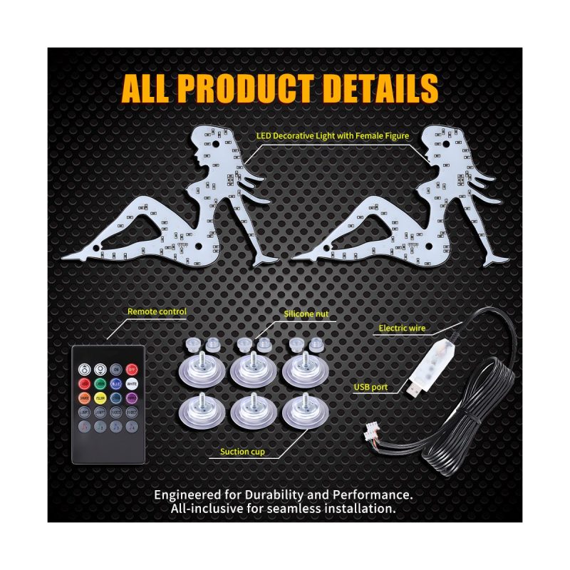 Female Figure Rgb Led Car Window Decorative Light Product Details Source detail graphic showing remote control, silicone nut, suction cups, electric wire, and USB port.