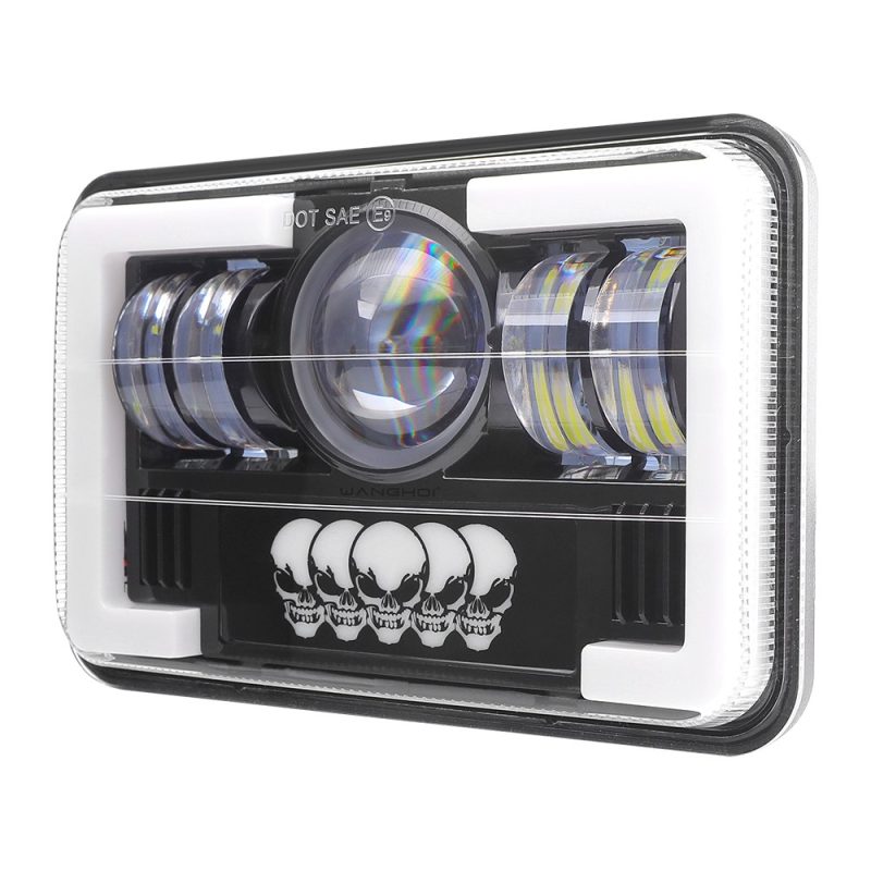 Five Bead Alien Pattern 7 Inch Square Led Headlight Angled Angled product view showing the square lens, central projector lens, and side LED modules.