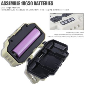 Five Lens Cob Led Head Mounted Work Light 18650 Battery Source battery graphic showing removable 1200mAh 18650 lithium battery wording and power indicator reference.