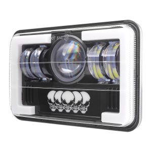 Five Skull 7 Inch Square Led Projector Headlight Angled Angled product view showing the square lens, central projector lens, and side LED modules.