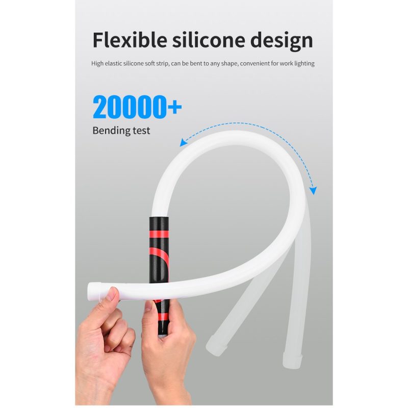 Flexible Silicone Handheld Led Work Light Flexible Design Source graphic showing flexible silicone design and 20000+ bending test reference.