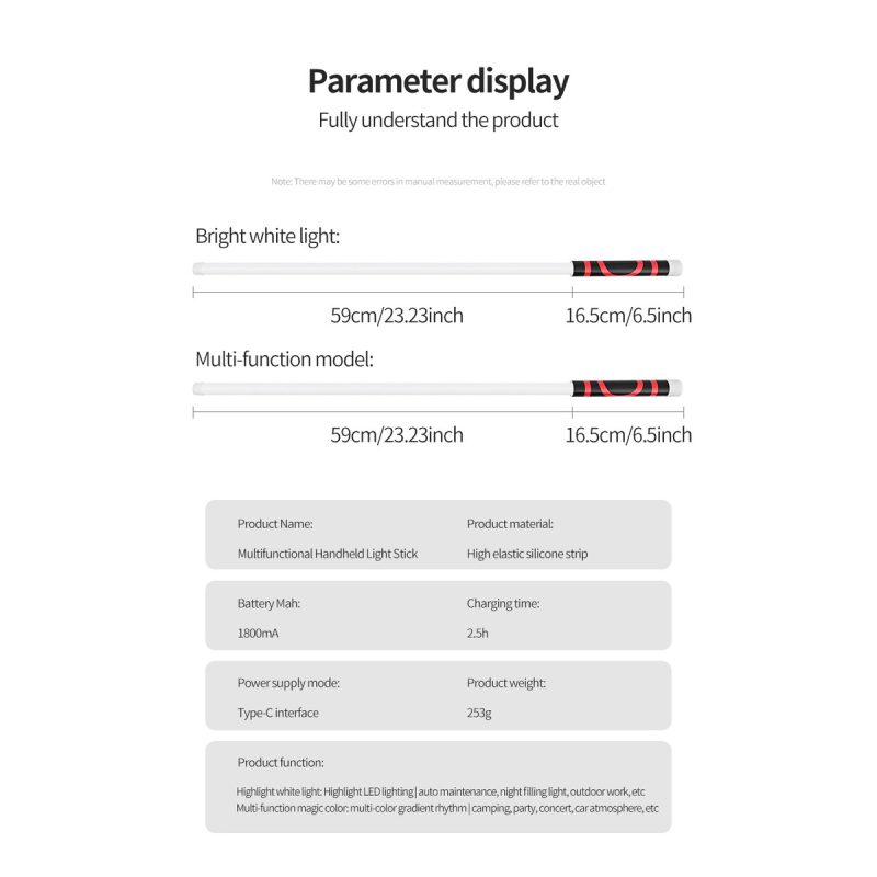 Flexible Silicone Handheld Led Work Light Parameter Display Source parameter graphic showing 59cm light section, 16.5cm handle reference, product weight, Type-C, and battery information.