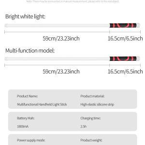 English parameter graphic showing 59cm flexible strip, 16.5cm handle, high elastic silicone strip, Type-C interface, and 253g weight.