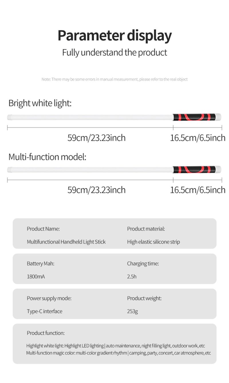 Flexible Silicone Led Handheld Work Light Stick Parameters English parameter graphic showing 59cm flexible strip, 16.5cm handle, high elastic silicone strip, Type-C interface, and 253g weight.