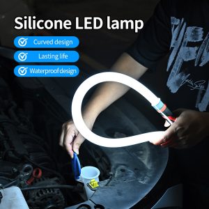 Application image showing the curved silicone LED lamp form factor and waterproof design reference.