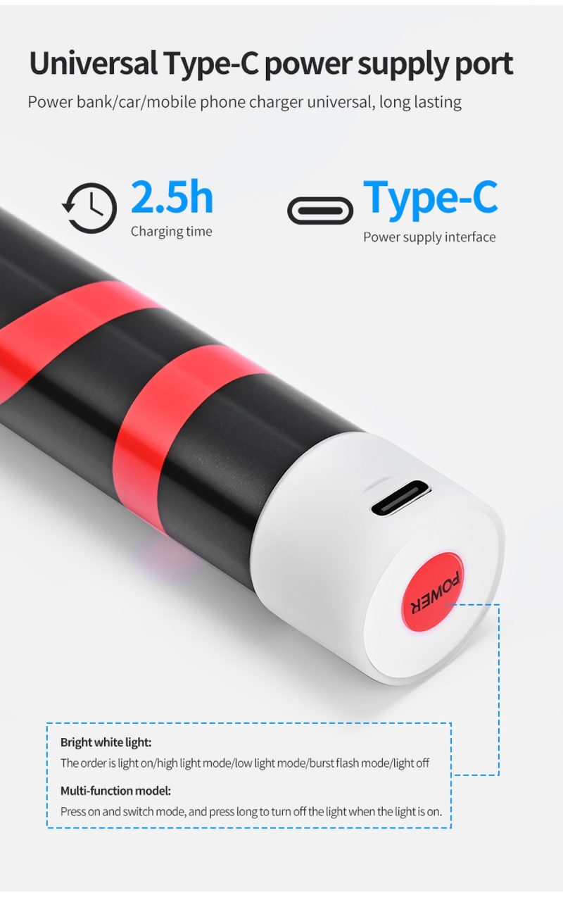 Flexible Silicone Led Handheld Work Light Stick Type C Charging English detail graphic showing Type-C charging, 2.5h charging time reference, and light-mode operation reference.