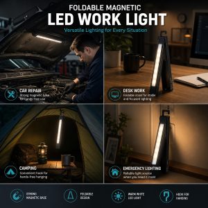 Foldable Magnetic Led Work Light Application Reference Application reference for car repair, desk work, camping, and emergency lighting.