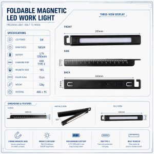 Foldable Magnetic Led Work Light Specification Sheet Source specification sheet showing 5W LED power, 500LM brightness, 3.7V 1200mAh battery, USB Type-C, magnetic base, 15cm ruler, 120g weight, ABS plus