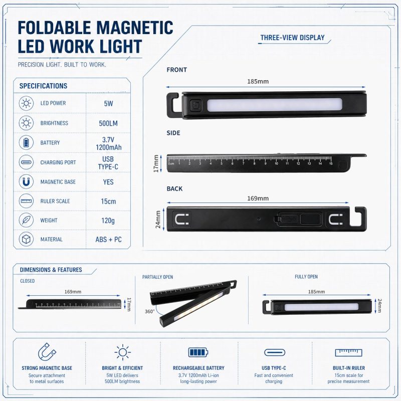 Foldable Magnetic Led Work Light Specification Sheet Source specification sheet showing 5W LED power, 500LM brightness, 3.7V 1200mAh battery, USB Type-C, magnetic base, 15cm ruler, 120g weight, ABS plus