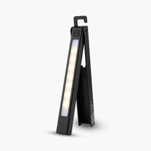 Foldable Magnetic Led Work Light Upright Stand Upright stand view showing the foldable body, hook, and illuminated LED strip.