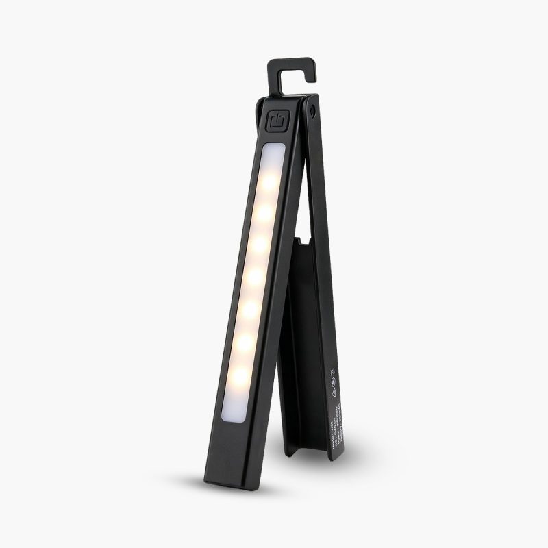 Foldable Magnetic Led Work Light Upright Stand Upright stand view showing the foldable body, hook, and illuminated LED strip.