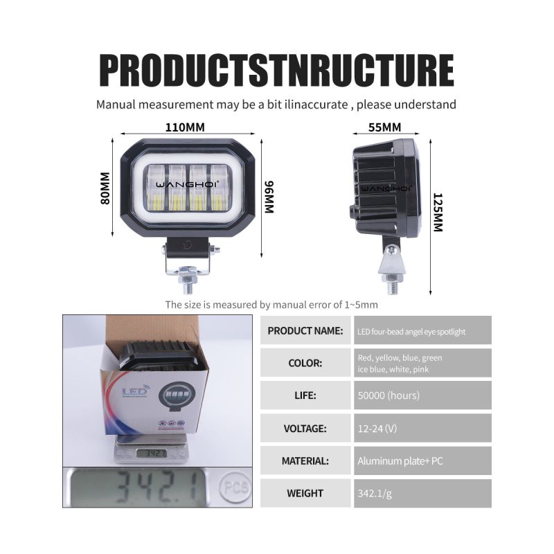 Source structure graphic listing 110mm front width, 55mm body depth, 12-24V voltage reference, color references, aluminum plate + PC material, and 342