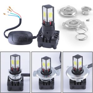 Four Sided Wide Voltage Led Motorcycle Headlight Bulb Kit Four-sided bulb kit reference with wiring, adapter rings, and installed collar views.