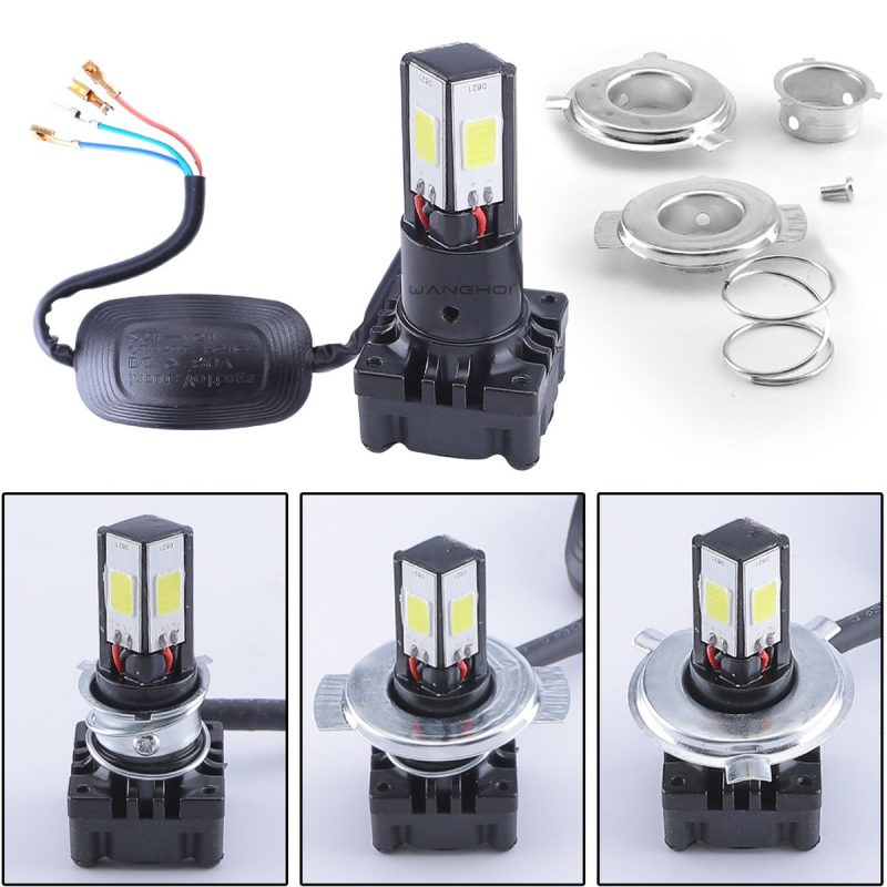 Four Sided Wide Voltage Led Motorcycle Headlight Bulb Kit Four-sided bulb kit reference with wiring, adapter rings, and installed collar views.