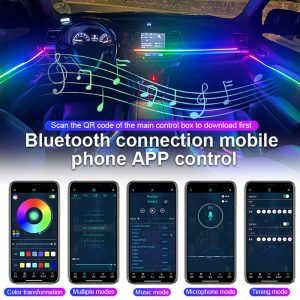 Full Car Rgb Interior Ambient Light Guide Strip App Control APP and Bluetooth control reference from the supplied product graphics.