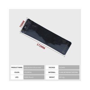 Gob Ultra Thin Rgb Car Rear Window Led Display 172 70Mm Specs Source specification image showing 172x70mm size, 12/24V, colorful, flame-retardant material wording, and 50,000-hour life reference.