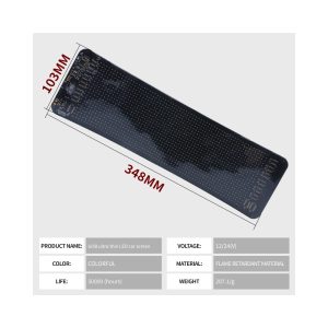 Gob Ultra Thin Rgb Car Rear Window Led Display 348 103Mm Specs Source specification image showing 348x103mm size, 12/24V, colorful, flame-retardant material wording, and 50,000-hour life reference.