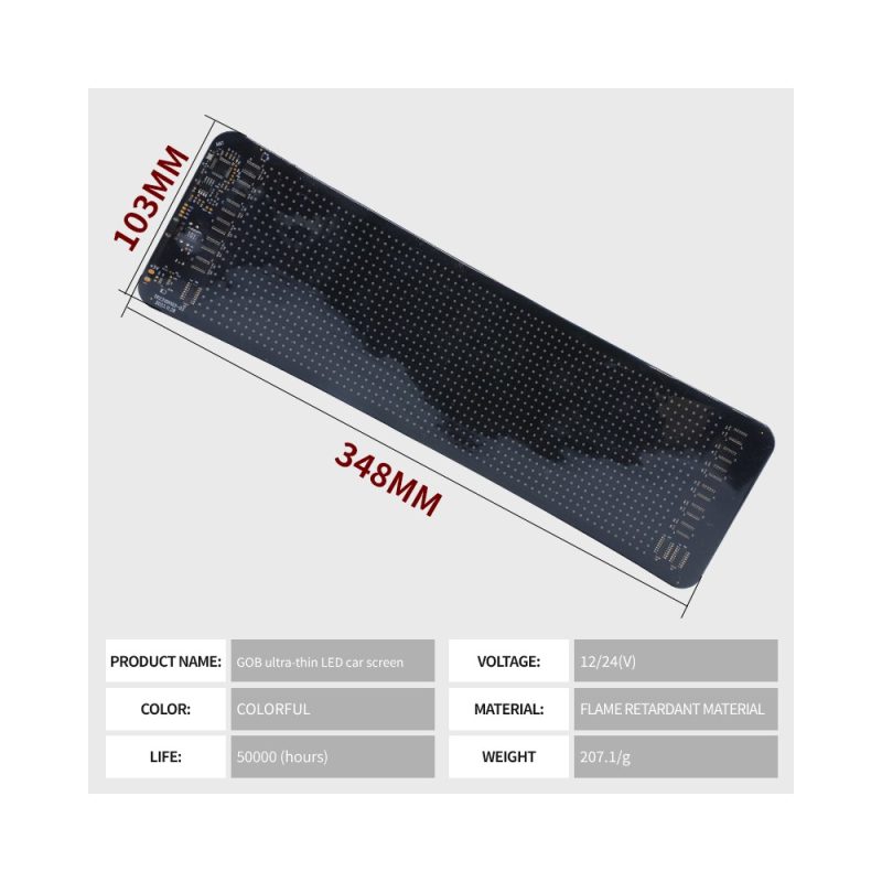 Gob Ultra Thin Rgb Car Rear Window Led Display 348 103Mm Specs Source specification image showing 348x103mm size, 12/24V, colorful, flame-retardant material wording, and 50,000-hour life reference.