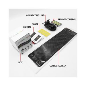 Gob Ultra Thin Rgb Car Rear Window Led Display Kit Accessories Source image identifying the connecting line, remote control, paste sheet, manual, box, and COB car screen.